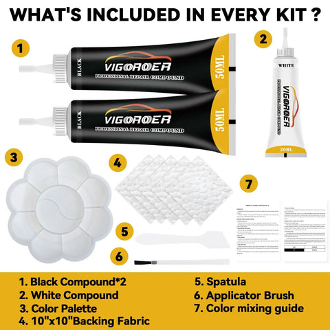 Image of DIY Leather Repair Kit For Furniture And Cars, No Skills Needed, Fix Cracked Seats, Sofas, Purses And Jackets, Restore Car Interiors And Any Leather Or Vinyl Material With Easy Step By Step Instructions, showing kit contents including black and white compounds, color palette, backing fabric, spatula, applicator brush, and color mixing guide.