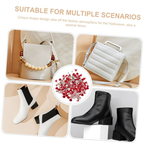 DIY bead rivet kit with red rhinestones and plastic rivets for clothing; center close-up