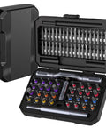 Ratcheting Screwdriver Set With 71 In 1 Magnetic Bits, S2 Steel case open showing color-coded precision bits and handles.