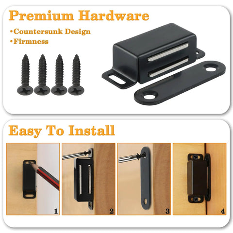 Stainless Steel Black Magnetic Cabinet Door Catch Set 4 Pack Magnetic Door Latches For Cabinets Closets Cupboards Drawers And Kitchen Rust Resistant Easy Install Sturdy Strong Hold No Frills close-up of latch and screws
