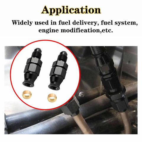 Front view of FortiyParts 2-pack aluminum black 6AN to 3/8 adapters, ORB male to 3/8 in compression with brass rings