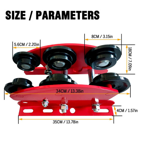 Heavy Duty 6 Wheel Manual Trolley for I-Beam 1 Ton Load, Geared Push Overhead Cart, side view with dimensions shown