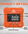 Front view of backlit digital angle gauge with magnetic base for woodworking, showing display and control buttons.