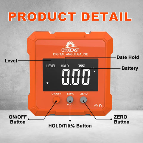 Front view of backlit digital angle gauge with magnetic base for woodworking, showing display and control buttons.