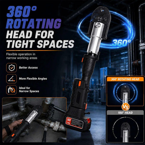 Heavy Duty Pipe Crimping Tool For Copper Pipes One Half Inch, Three Quarter Inch, And One Inch, 18V Cordless Automatic Hydraulic Press With Brushless Motor, 24KN Kit, showing 360° rotating head in use