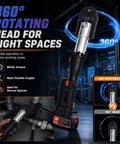 Pro Grade Electric Hydraulic Pipe Press Tool Kit 24KN with rotating head in industrial setting, ideal for tight spaces.