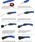 Step-by-step guide for installing Three Sets Hose Connector Kit For Garden Water Hose And Expandable Hose Includes Male And Female Fittings With Individual On Off Valve For Quick No Fuss Fixes And Easy Leak Free Attachments, showing blue expandable hose and black connectors.