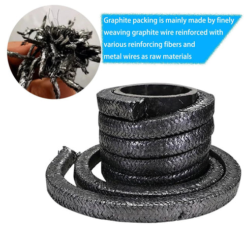 Graphite braided compression packing, 3/16 in x 3/16 in, 10 ft, black, for pumps valves or mechanical seals