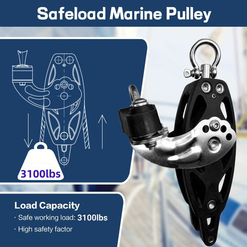 Front view of 50mm single swivel becket cam block with aluminum housing and 316 stainless steel eye, 3100 lb capacity.