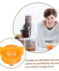 Locking Squeezer Screw for Citrus Juicer Replacement Part shown with orange juicer and smiling woman in background