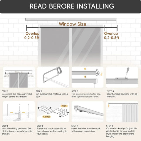 Ceiling Curtain Track With Roller Hooks And Clips White 9ft To 12ft Premium Aluminum Rail Rustproof Electrocoat Tarnish Resistant Finish No Fuss Easy Glide Curtain System For Bathrooms Patios And Living Spaces. Installation guide.