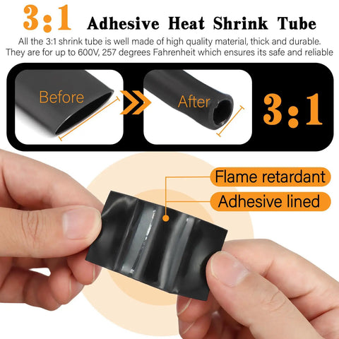Hands holding flame-retardant 3:1 heat shrink tube from the Ultimate Battery Terminal Kit with 240 pcs copper ring lugs.