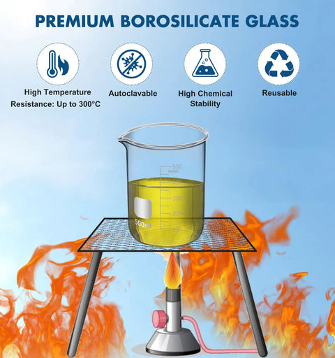 500ml beaker on flame, part of Must Have Glass Labware Starter Kit For Home Lab And Classroom Beakers 50 100 250 500ml Flasks