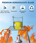 Image showing a 500ml glass beaker on a stand with flames, illustrating its high temperature resistance up to 300°C.