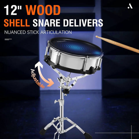 12-inch wooden shell snare from Acoustic-Style Electronic Drum Set With Independent 16-Inch Wooden Bass Drum 12-Inch Dual-Zone Snare