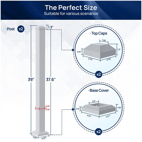 Solid White Aluminum Railing Posts For Outdoor Decks And Patios, Set Of Two, 2.56 X 2.56 X 39 Inches dimensions diagram.