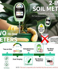 All In One 2 In 1 Soil Moisture And pH Meter With Dual Dial Display for plant care, showing dual display in green pot with text guide