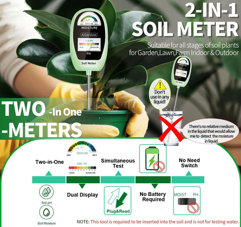 All In One 2 In 1 Soil Moisture And pH Meter With Dual Dial Display for plant care, showing dual display in green pot with text guide