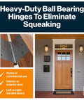 Beefy Stainless Steel Ball Bearing Door Hinges Set shown on a door, illustrating heavy duty use for interior and exterior doors.