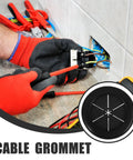 Black Rubber Grommet Kit For Cable Management With Dual Sided Buckle Design, Fire Resistant And Waterproof Desk Hole Cover For Office And Home Use, Includes Four Pieces installed in a wall cable opening