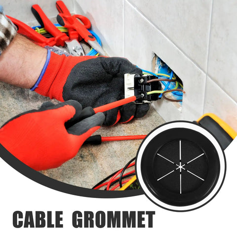Black Rubber Grommet Kit For Cable Management With Dual Sided Buckle Design, Fire Resistant And Waterproof Desk Hole Cover For Office And Home Use, Includes Four Pieces installed in a wall cable opening