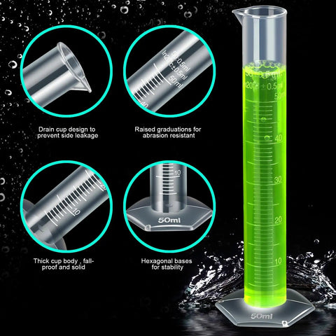 Classroom Science Kit With Plastic Graduated Cylinders And Beakers Set, close-up of 50ml cylinder features like raised graduations