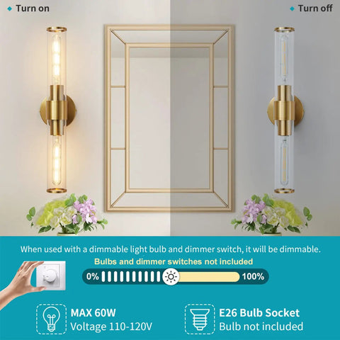 Gold Wall Sconce With Clear Glass, Modern Vanity Lighting Up And Down Indoor Wall Lights For Bathroom, On and Off Display