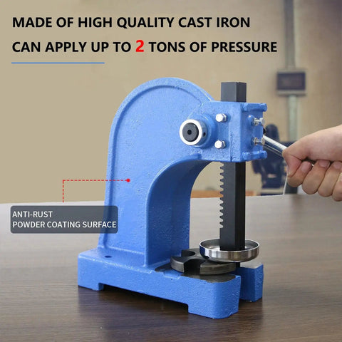 Rock Solid Manual Arbor Press Crafted From Heavy Duty Cast Iron For Precision Stamping Metal Bending And Punching Tasks in use applying 2 tons of pressure.