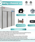 Heavy Duty 72 Inch Wide Commercial Refrigerator And Freezer Combo Reach In Triple Door Upright Cold Storage Cabinet For Restaurants And Small Businesses Keeps Everything Chillin With Zero Sweat, features and cooling system.