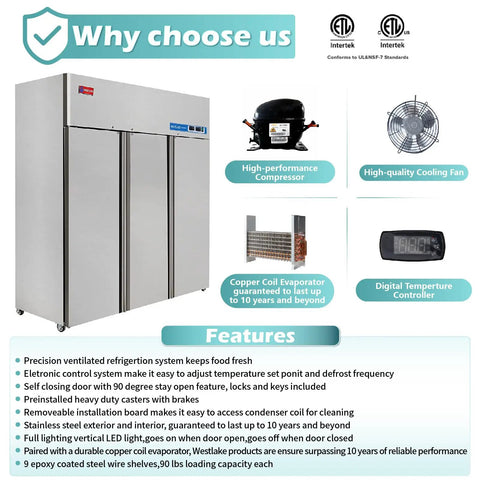 Heavy Duty 72 Inch Wide Commercial Refrigerator And Freezer Combo Reach In Triple Door Upright Cold Storage Cabinet For Restaurants And Small Businesses Keeps Everything Chillin With Zero Sweat, features and cooling system.