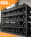 Heavy Duty Garage Shelving Rack 5 Tier Steel Storage Shelves 6000 Pounds Capacity holding black hex dumbbells in a bright room.