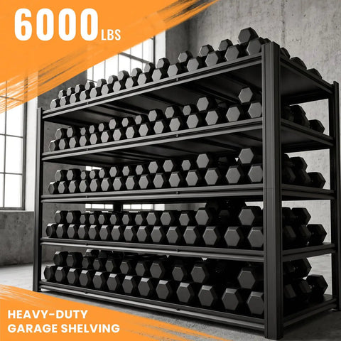 Heavy Duty Garage Shelving Rack 5 Tier Steel Storage Shelves 6000 Pounds Capacity holding black hex dumbbells in a bright room.