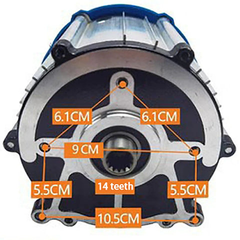 Beefy 800W To 1500W Brushless DC Tricycle Differential Motor For 48V To 60V E Trikes And Karts, 5 Hole 14 Tooth, Pure Copper Coil, DIY Bolt On Power, 3200 RPM, Durable Aluminum Shell. Front view with 14-tooth shaft and 5-hole 10.5cm mounting pattern