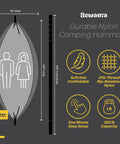 Diagram of heavy duty nylon hammock chair with dimensions, features, and 500 lb capacity focus keyword details for camping and travel.