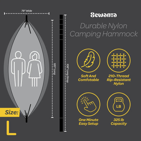 Diagram of heavy duty nylon hammock chair with dimensions, features, and 500 lb capacity focus keyword details for camping and travel.