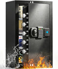 6.5 Cu Ft Fireproof Waterproof Home Safe With Combination Lock Anti Theft Alarm Removable Shelf Heavy Duty Security Safe For Fire And Water Protection Up To 1800F For 35 Minutes showing open door, interior storage, flames, and water.