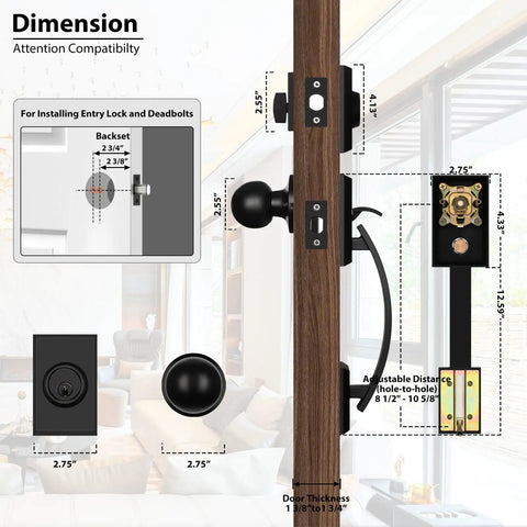 Dimensions diagram of Black Front Door Lock Set With Deadbolt And Reversible Handle Single Cylinder Exterior Door Lockset.