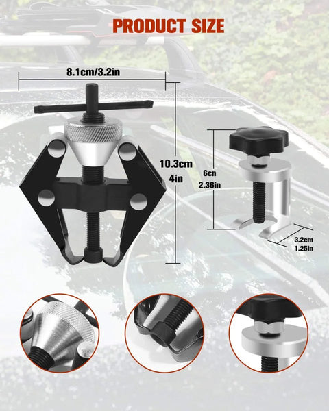 Universal Windshield Wiper Arm Removal Tool Kit With Stainless Steel Wiper Puller showing dimensions and parts detail.