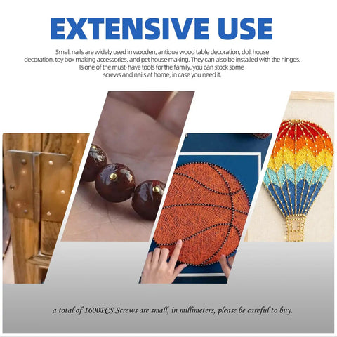 Images showing various DIY projects with 1600Pcs Tiny Nails Kit With 1x6mm 1x8mm 1x10mm Wooden Nails In Gold Silver Bronze.