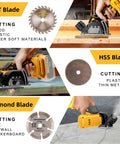 Slick Kickin 3 Inch Mini Circular Saw With Heavy Duty Brushless Motor And Two Speed Control Cuts Metal Wood Tile Plastic Fast Includes Six Sharp Blades Cordless Power Tool Beast showcasing TCT, HSS, and Diamond blades for various materials.