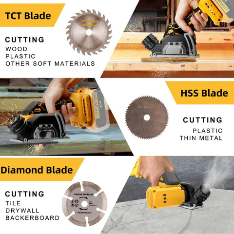Compact 3 Inch Mini Circular Saw Cuts Metal Wood Tile And Plastic Without The Sweat Features Brushless Motor Two Speed Settings Six Hardened Steel Blades, including TCT, HSS, and Diamond blades for versatile cutting.