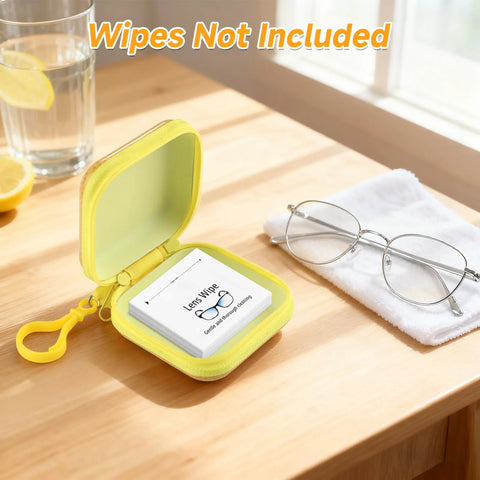 Open front view of two yellow carrying cases for lens wipes with booklet inside, glasses nearby