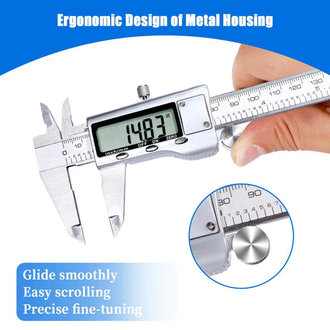 Person using a Pro Grade Digital Caliper With Stainless Steel Build, Large LCD Screen, IP54 Splash Proof, Auto Off, 6 Inch 150mm Vernier Micrometer Caliper Tool For Accurate Measurements to measure length
