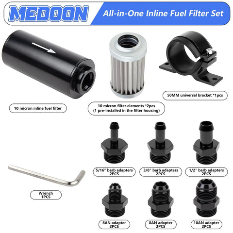 Plug And Play 10 Micron Inline Fuel Filter Kit With 6AN 8AN 10AN Adapters, One Half Inch Barb Fittings, Three Eighth Inch Barb Fittings