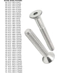 A4-70 Stainless Steel Metric Flat Head Socket Cap Screws Assortment Kit With 1511 Pieces showing screw sizes and example screws
