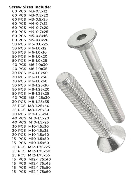 A4-70 Stainless Steel Metric Flat Head Socket Cap Screws Assortment Kit With 1511 Pieces showing screw sizes and example screws