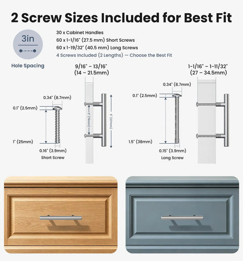 Diagram showing screw sizes for 30 Pack Brushed Nickel Cabinet Handles 5 Inch Length Stainless Steel Drawer Pulls with two drawer examples