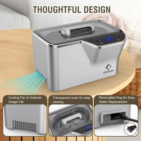 Close-up of Ultrasonic Cleaner 45kHz 35W 20oz Digital Timer Pro Grade Jewelry Cleaner showing cooling fan and digital timer.