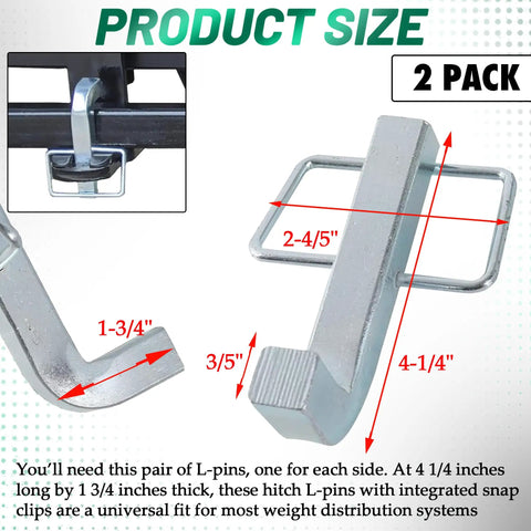 Two Pack Premium Snap L Pins For Weight Distribution Hitches With Integrated Clips, 4.25x1.75 inch zinc-coated steel