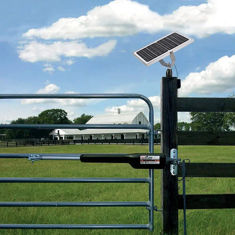 10W 12V Solar Battery Charger Maintainer with Smart MPPT Controller mounted on a gate post in a farm setting